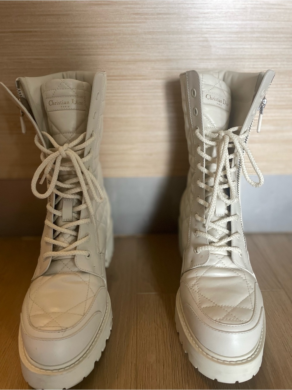 Dior Women’s Cream Quilted Lace-Up Combat Boots with Side Zip